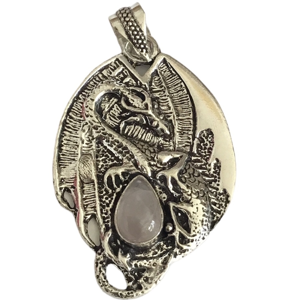 Serpent Dragon Rose Quartz Gemstone Pendant Necklace